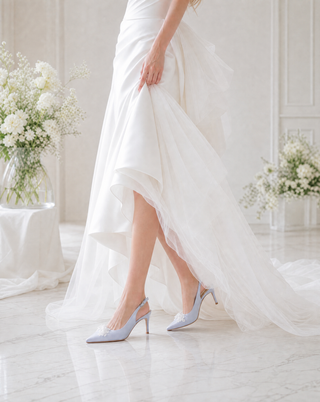 Satin Pointy Toe Slingback Wedding Pumps with Button BroochWomen Shoes