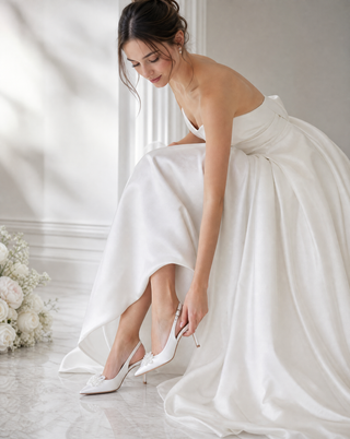 White satin pointy toe slingback wedding pumps with Button Brooch embellishment