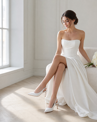 Bride wearing white satin pointy toe slingback wedding pumps with scattered pearls, holding a white bouquet