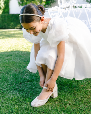 Ivory embroidered lace block heel girls shoes