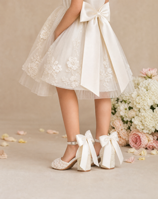 Ivory embroidered lace block heel girls shoes with Back Satin Bow