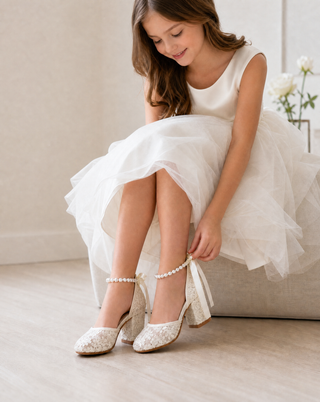 Ivory embroidered lace block heel girls shoes with All Pearl Strap