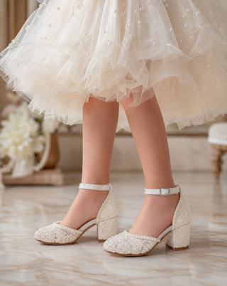 Ivory embroidered lace block heel girls shoes with Mini Pearls