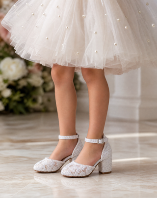 White embroidered lace block heel girls shoes with Mini Pearls