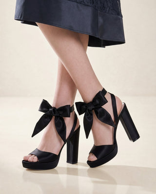 Black Satin Platform Block Heel Sandals with Luxe Tie, Prom Shoes