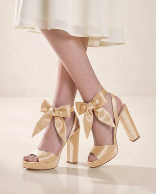Champagne Satin Platform Block Heel Sandals with Luxe Tie, Prom Shoes