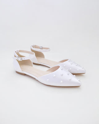 Satin Pointy Toe Flats with Scattered Pearls