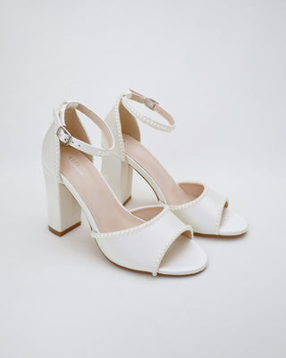 Satin Block Heel Wedding Sandals with Mini Pearls