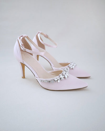 dusty pink satin pointy toe wedding heels with rhinestones