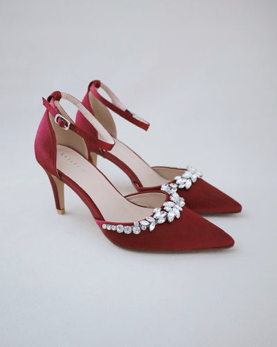 burgundy satin pointy toe bridesmaids heels with rhinestones