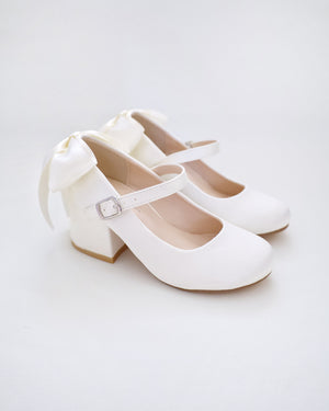 Girls Satin Mary Jane Block Heel with Back Satin Bow