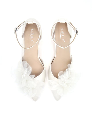 Satin Pointy Toe Low Block Heels Wedding Shoes with Ophelia Flowers
