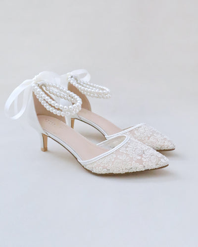 ivory crochet lace low heels with pearls