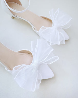 white satin low heels wedding shoes with organza bow