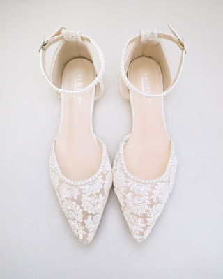 Crochet Lace Pointy Toe Flats with Mini Pearls