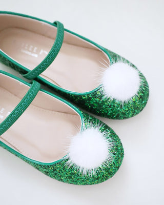 Rock Glitter Mary Jane Ballet Flats with White Faux Fur Puff