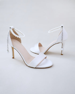 white satin high heel wedding sandals with pearl strap