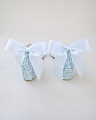 light blue crochet lace wedding heel sandals with bow