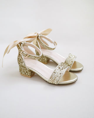 Rock Glitter Low Block Heel Girls Sandals with Back Satin Bow