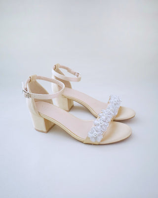 Satin Evening Block Heel Sandals with Rhinestones Chassia Flower