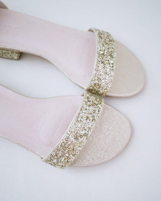 Gold Rock Glitter Low Block Heel Ballerina Bridal Sandals