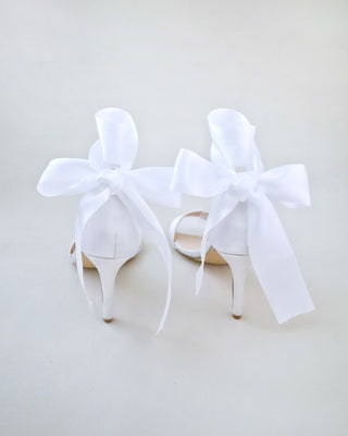 white satin high heels wedding sandals with wrapped tie