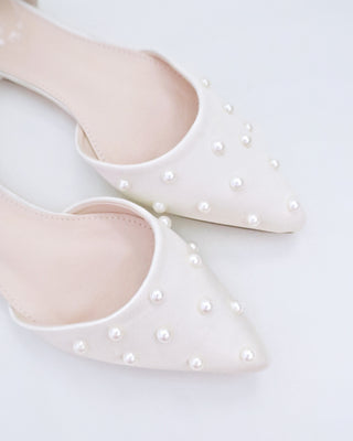 Satin Pointy Toe Flats with Scattered Pearls