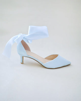 Satin Pointy Toe Low Heels with Wrapped Ankle Tie