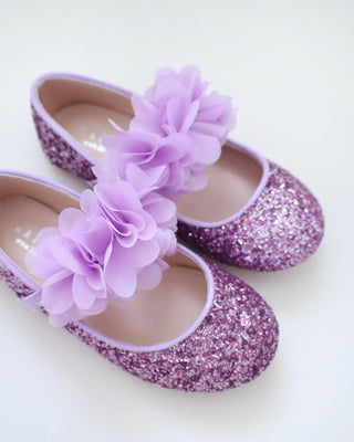 Rock Glitter Mary Jane Flats with Purple Chiffon Flowers