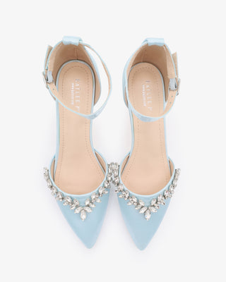 Light Blue Satin Pointy Toe Flats Wedding Shoes with Starlet Rhinestones Embellishments