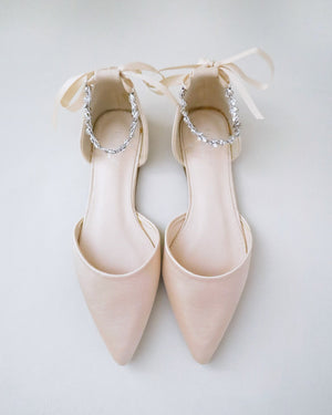Satin Pointy Toe Evening Flats with Amaryllis Strap