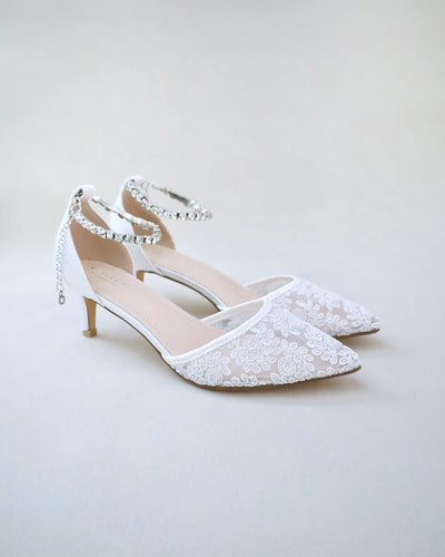 white crochet wedding low heels with rhinestones