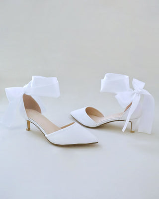 Satin Pointy Toe Low Heels with Wrapped Ankle Tie