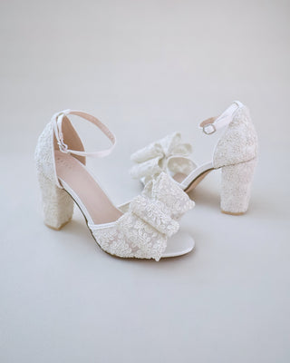 Crochet Lace Block Heel Sandals with Oversized Crochet Lace Bow