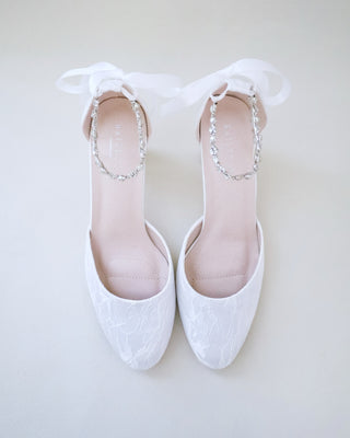 white lace wedding block heels with rhinestones strap