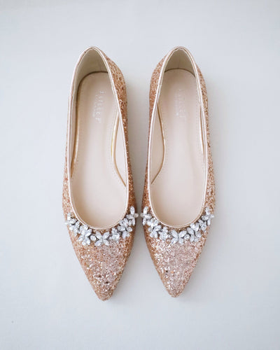 Rose Gold Glitter Bridesmaids Flats with Floral Rhinestones
