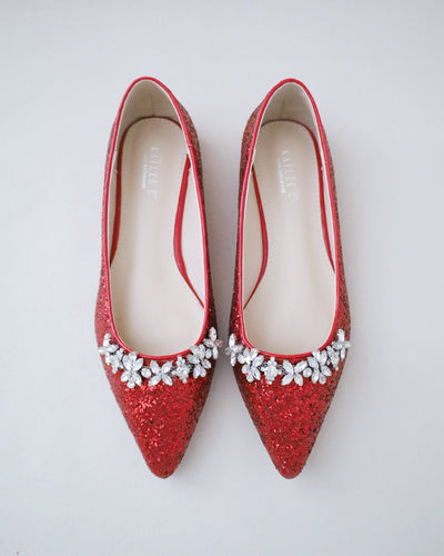 Red Glitter Bridesmaids Flats with Floral Rhinestones