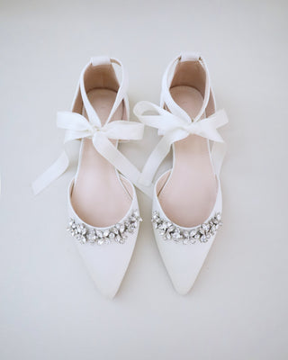 Satin Pointy Toe flats with Floral Rhinestones Embellishment and Satin Tie