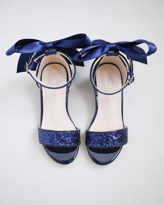Rock Glitter Low Block Heel Girls Sandals with Back Satin Bow