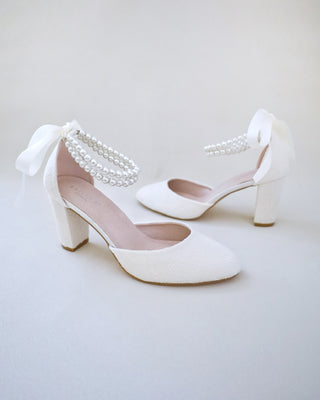ivory lace wedding block heels with pearls strap