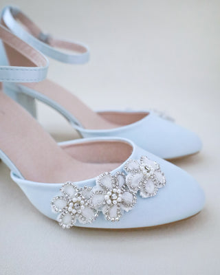 Satin Wedding Block Heel with Rhinestones Chassia Flower