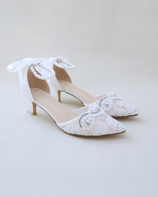 Crochet Lace Pointy Toe Wedding Kitten Low Heel with Small Pearls AppliqueWomen Shoes
