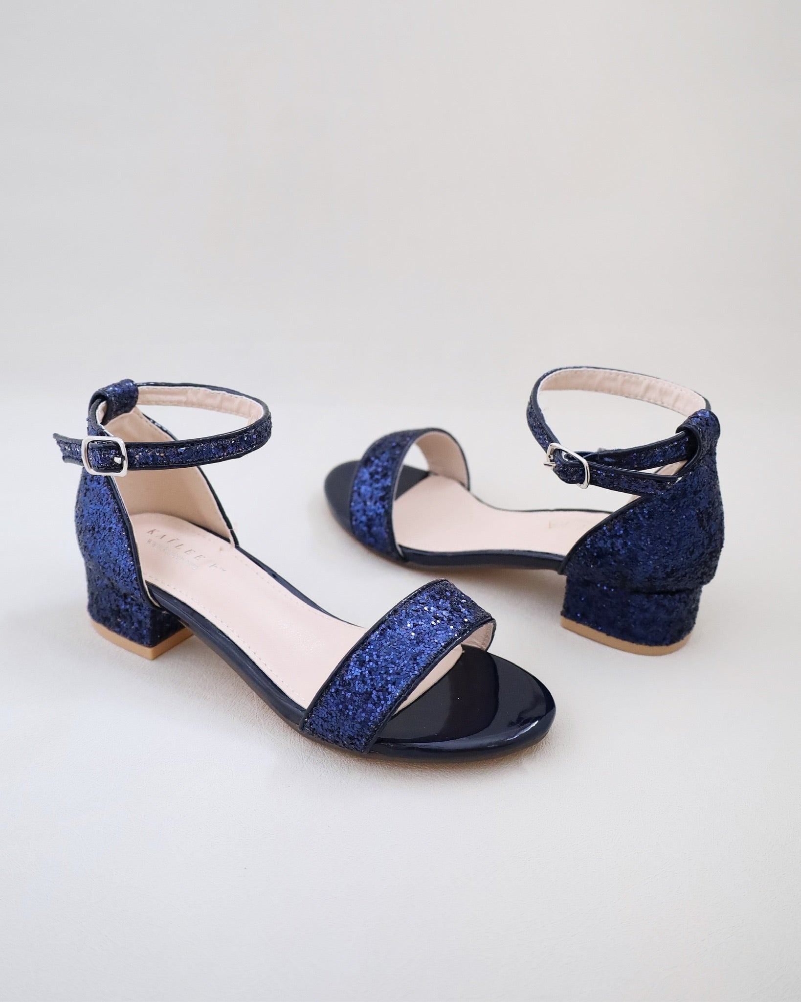 Navy Rock Glitter Low Block Heel Girls Sandals, Flower Girls Shoes