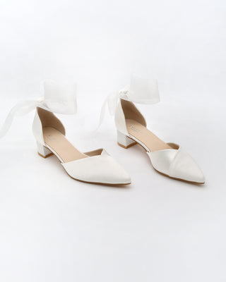 Satin Pointy Toe Low Block Heels Wedding Shoes with Wrapped Ribbon TieWomen Shoes