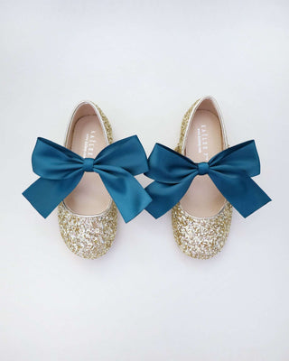 Gold Rock Glitter Mary Jane with Dark Teal Satin Bow