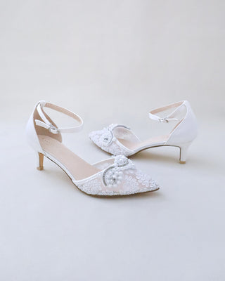 white crochet lace wedding low heel with pearls
