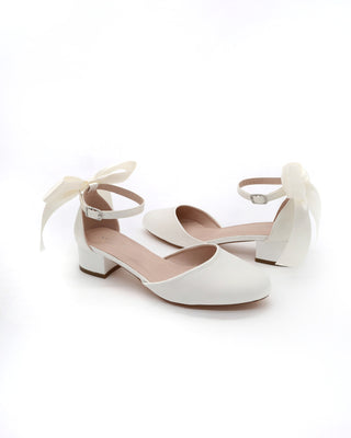 Round Toe Satin Block Heel with Back Satin Bow