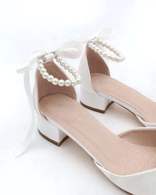 Round Toe Satin Block Heel with All Pearls Ankle Strap