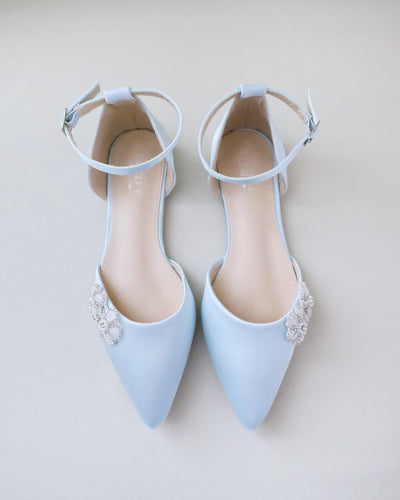 Light Blue Satin Wedding Flats with Chassia Flower