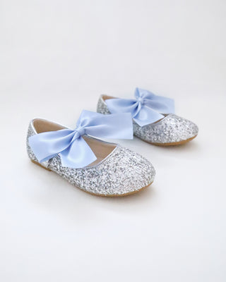 Silver Rock Glitter Mary Jane with Dusty Blue Satin Bow